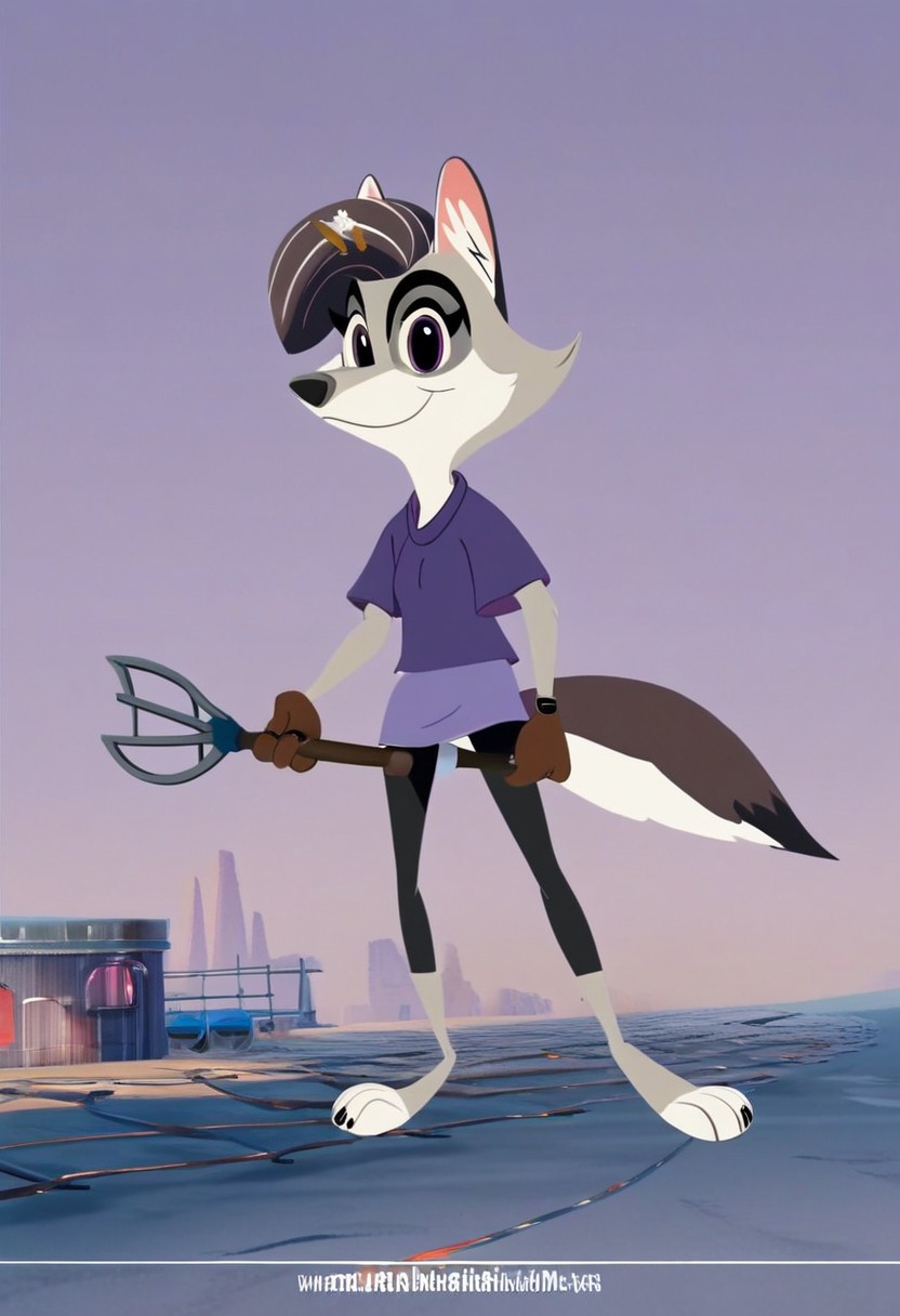score_9,score_8,score_7,source_furry,
v10l3tw0lf,
furry female, violet_wolf, violet_wolf_great_wolf_lodge, wolf girl, female, 1girl, solo, tail, animal ears, furry, claws, looking at viewer, purple eyes, locomotive cab, locomotive cab background, short sleeves, multicolored hair, hairclip, body fur, artist name, barefoot, purple shirt, official art, official style,
Stable_Yogis_PDXL_Positives, engineer, engineer hat, hat, holding a shovel, brown gloves, gloves, smile,