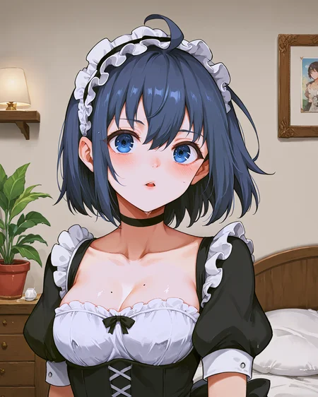<lora:HAnime_S_Kaede_XL:0.7> kaede, blue eyes, blue hair, hair between eyes, bangs, ahoge, short hair, maid headdress, gloves, white gloves, short sleeves, puffy sleeves, puffy short sleeves, mole, maid, dress, black dress, frills, frilled dress, upper body, facing viewer,, <lora:9_Detail_Tweaker_XL:0.8>, score_9, score_8_up, score_7_up, source_anime, masterpiece, best quality, highly detailed background, cinematic lighting, detailed eyes, perfect face,, lazy, teenager room, messy, bedroom, bed sheet, closet,