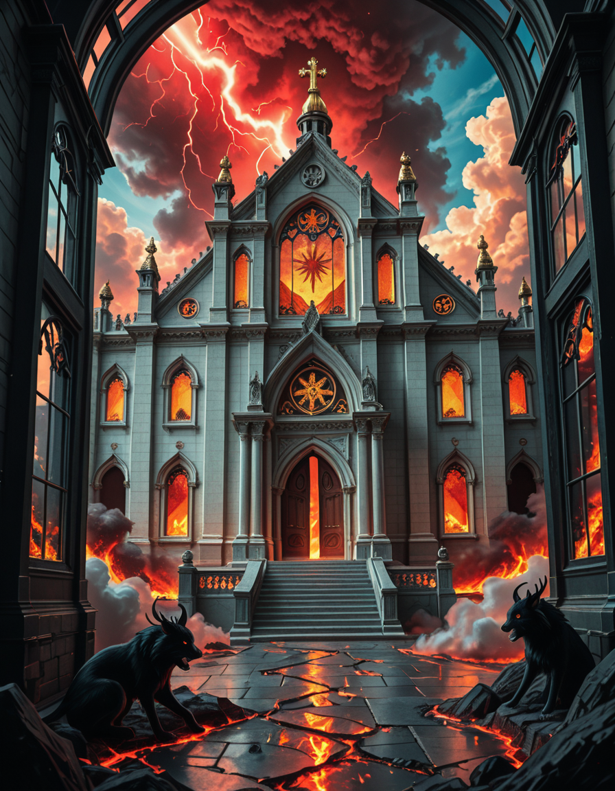 A once-majestic celestial temple, now under siege by the forces of Hell. The grand white stone structure is cracked and scorched, its golden crosses twisted and broken. The stained-glass windows, once glowing with warm divine light, are now shattered, with demonic symbols glowing ominously in their place. The sky, once a serene blue, is now consumed by dark storm clouds, swirling with red lightning and thick smoke.
Black, jagged chains extend from the sky, wrapping around the temple as if trying to pull it down into the abyss. The once-fluffy clouds beneath the structure are now a chaotic mix of fire, ash, and dark mist, with glimpses of molten lava cracks below. Infernal creatures with glowing red eyes lurk in the shadows, their silhouettes barely visible through the smoke and fire.
The temple doors are blown open, revealing an eerie red glow emanating from within, as if Hell itself is consuming the sacred space. Massive demonic runes are etched into the stone, pulsating with an unholy energy. The entire scene is bathed in a deep crimson and orange glow, giving it an apocalyptic and nightmarish atmosphere.
Style & Lighting:
- Dark fantasy, highly detailed
- Dramatic, high-contrast lighting with fiery glows
- Cinematic composition, epic scale
- Strong use of shadows, embers, and atmospheric foghighly detailed and atmospheric view from inside a massive birdcage, large enough for a human to stand inside. The cage is made of ornate, aged metal bars with intricate Victorian-style patterns, curving elegantly towards the domed ceiling. Sunlight filters through the gaps between the bars, casting long, dramatic shadows on the wooden floor. Delicate vines and small flowers have begun to grow around the bars, adding a touch of nature reclaiming the space. The background beyond the cage is blurred, hinting at a lush garden or a mysterious, abandoned mansion. The ambiance is serene yet slightly melancholic, with warm golden light illuminating dust particles floating in the air. Soft feathers are scattered on the floor, adding to the sense of quiet abandonment. The perspective makes the viewer feel as if they are inside the cage, looking outward, surrounded by both beauty and confinement. The style is highly detailed and realistic, with a cinematic and slightly surreal atmosphere.
<lora:SDXLFaeTastic2400:0.4> <lora:extremely_detailed:0.4> extremely detailed 
<lora:evil_celestial_t3mpl3-i:1> evil celestial t3mpl3, Masterpiece,best quality,hi res,8k,hi res,8k,award winning,(sharp focus, intricate, highly detailed),