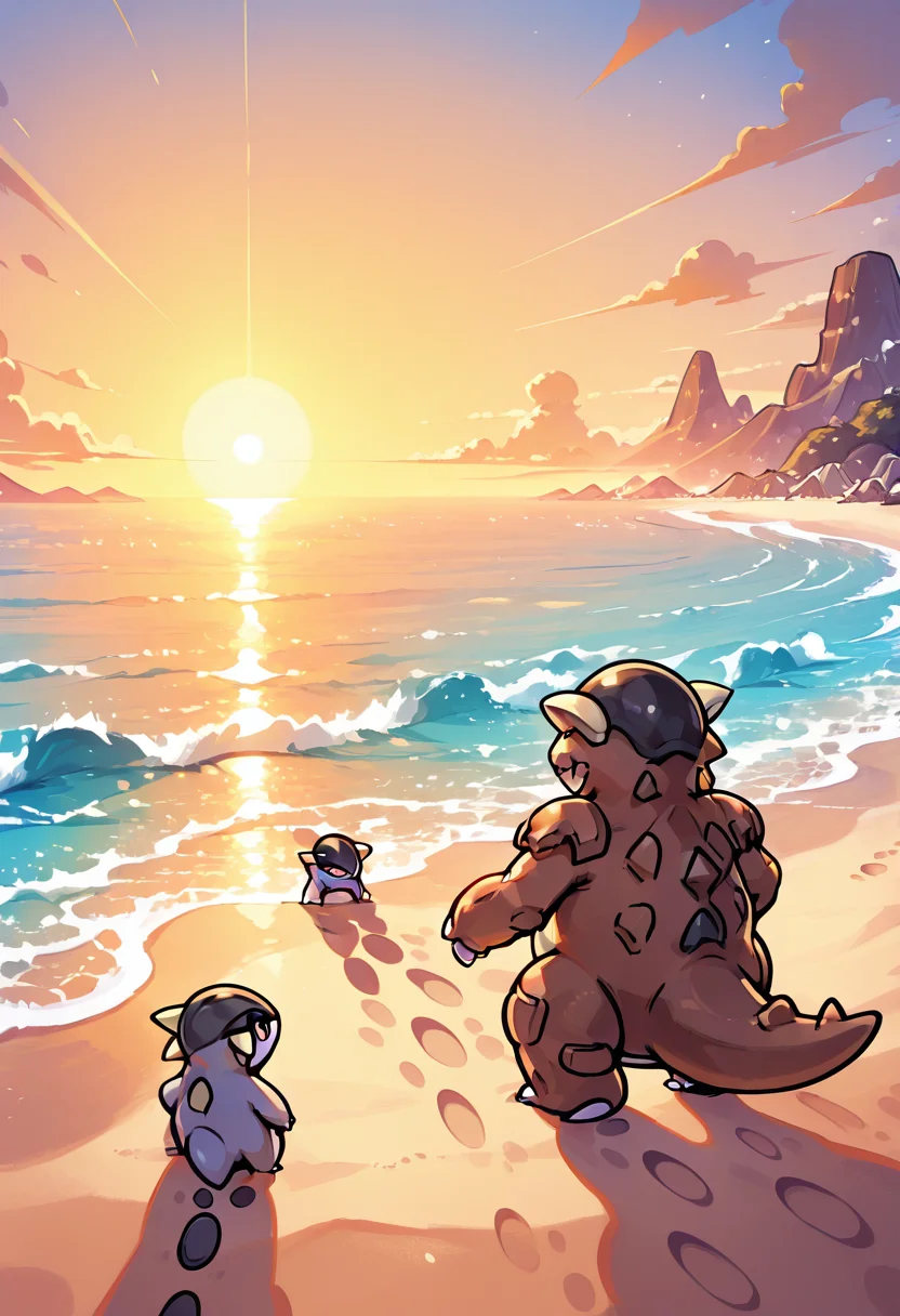 masterpiece, best quality, no humans, zzKhan, kangaskhan, 1pokemon, beach, walking, sunset, waves, footprints in sand, warm light, relaxed expression â The sun sinks into the sea, painting the sky with amber and lavender hues. zzKhan strides down the shore, leaving heavy footprints in the wet sand. Each wave licks the shore beside her, while her eyes reflect the calm of the horizon. There's a soft wind in her fur, a rare moment of peace under a fading sky. ,<lora:KangaskhanPokemon_IXL_v2:1.0>,