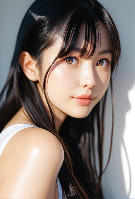 score_9, score_8_up, score_7_up, Close-up details, realistic style photo Japanese young woman, black hair, long hair, outstanding style, tall, cute, in her teens. Use soft lighting to cast gentle shadows on the subject, adding a touch of dimension to your images without compromising details