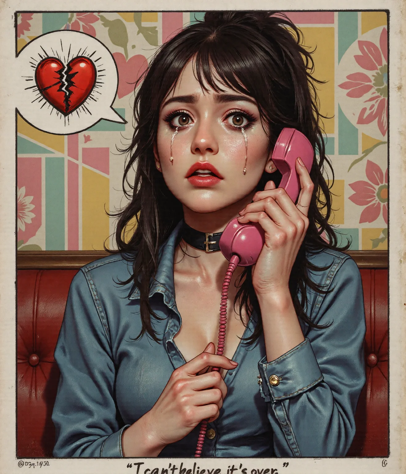 **Subject/Scene:**
A **large, bold Pop Art-style illustration** of a **stunning, alternative young woman with long, flowing straight jet-black hair with bangs** styled in a ponytail, cascading over her shoulders. Her **deep blue eyes are piercing and expressive**, framed by **thick, dramatic lashes wet with sorrow**. **Dark, smudged eyeliner and smoky eyeshadow enhance her gothic beauty**, making her heartbreak feel even more intense. Her **delicate freckles are subtly visible**, adding a contrast between **her soft features and her edgy, alternative aesthetic**. She is wearing bright deep red lipstick.
She wears a **thin black collar around her neck**, sitting snugly against her smooth, **pale-toned skin**, giving her a seductive, gothic elegance. Her **tight, form-fitting blue denim shirt clings to her curvy figure**, the **low-cut neckline revealing ample cleavage**, accentuating her **voluptuous, alluring presence**. The **fabric stretches over her full breasts**, highlighting her **sexy and striking appearance**, yet her pose is filled with **raw emotion, making her heartbreak feel even more tragic**.
She is **sitting in a perfectly stylized 1960s room**, clutching a **pink rotary telephone receiver tightly in her trembling hand**, her **fingers digging into the plastic**, as if trying to hold on to something already gone. The **coiled cord loops chaotically**, mirroring the **emotional turmoil within her mind**. Her **bold red lips quiver**, slightly parted, as if she’s **gasping between sobs**, while her **arched eyebrows knit together**, amplifying the **devastation in her eyes**.
**Thick black mascara tears streak down her cheeks**, **smudged, dark, and glossy**, leaving uneven, dramatic trails on her **pale, freckled skin**. Her **makeup is ruined**, her **lashes clumped and wet**, as if she’s been **crying for hours**, her **perfectly crafted beauty now undone by heartbreak**.
Above her, a **bold white speech bubble** contains a **shattered red heart split in two**, its jagged crack exaggerated and bold, a **universal symbol of heartbreak and lost love**.
**Background & 1960s room Details:**
The **background is a meticulously stylized 1960s room**, full of **vintage charm and mid-century décor**, reinforcing the **classic Pop Art and comic-book aesthetic** while clashing beautifully with her **alternative, edgy style**:
- The **wallpaper features a bold, geometric 1960s pattern**, alternating between **soft pastel pinks, yellows, and baby blues**, overlaid with **Ben-Day dots for a retro texture**.
**Art Style & Mood:**
- **Thick black outlines** define every element, ensuring a **high-contrast, graphic comic-book aesthetic**.
- **Ben-Day dots** are heavily used for **shading, wallpaper textures, and skin highlights**, adding **classic Pop Art texture**.
- The **color palette is bold and primary**, featuring **reds, green, blues, whites, and pinks**, creating a **striking contrast between her dark alternative look and the pastel vintage setting**.
- **Flat, even lighting** keeps the **clean, polished, and highly stylized look of 1960s Pop Art**, eliminating gradients for **bold, graphic clarity**.
**Emotion & Story:**
Despite the **bright, nostalgic aesthetic**, the image is filled with **deep, raw emotion**. The **gorgeous goth woman, with her smudged mascara tears, tight black top, and voluptuous figure**, is **lost in heartbreak**, devastated by a **soul-crushing phone call**.
The **contrast between her seductive, alternative beauty and the overwhelming sadness** makes the moment feel **larger than life—dramatic, visually striking, and painfully relatable**.
**Final Touches:**
A **bold, comic-book-style caption** at the bottom of the image reads:
**“I… I can’t believe it’s over…”**
The text is **thick, capitalized, and slightly slanted**, mimicking **the dramatic dialogue of vintage comic books**, making her heartbreak feel **even more intense and theatrical**.
Anime, Anaglyph3D, BlacklightGraffiti, FoggyM00d, a dilchtnstn style pop art painting, Jedcyb3r, Jedspl4tt, z1mora, COOLK1DS, A girl is crying with tears in her eyes, sopherian