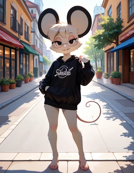 masterpiece, best quality, very aesthetic, absurdres,
outdoors, streetwear, 
barefoot, full body, standing, posing, 
 seductive smile, parted lips, long eyelashes,
 <lora:Tamy_v01_NAIXL:1>
T4my,1girl,solo,furry,furry female,mouse girl,short hair,mouse ears,black eyes,glasses,animal nose,body fur,white fur,mouse tail,