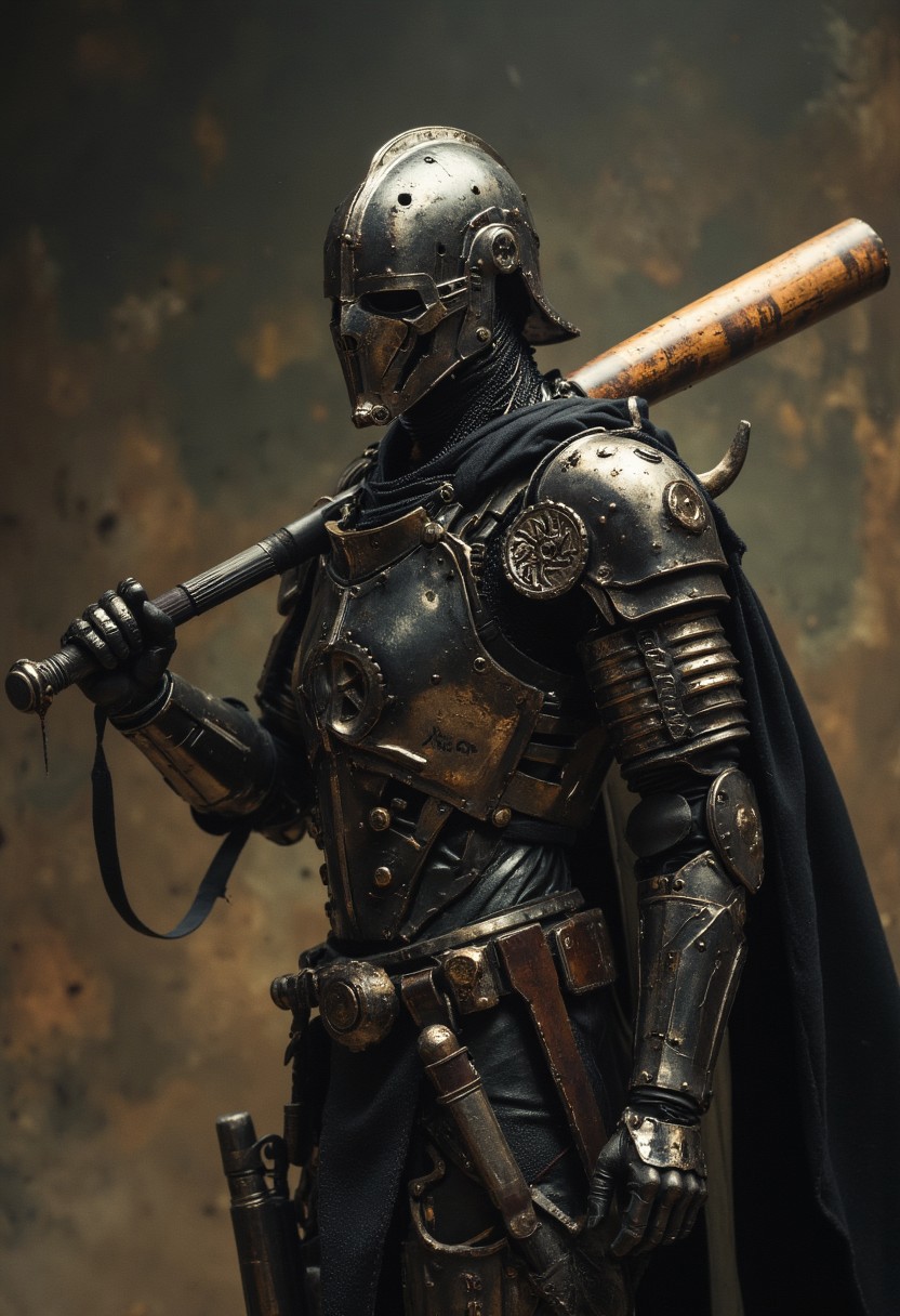 dark fantasy knight standing battle-ready holding wooden baseball bat over His shoulder,