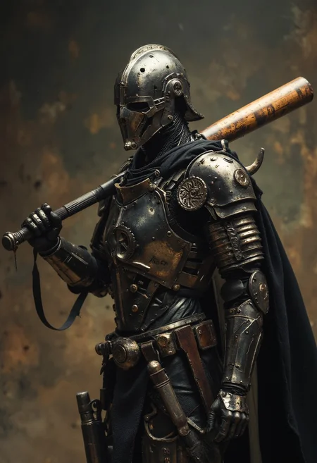 dark fantasy knight standing battle-ready holding wooden baseball bat over His shoulder,
