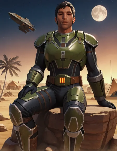 masterpiece, best quality, newest, perfect quality, intricate details, detailed background, male focus, realistic, solo, <lora:SWTOR - Rass Ordo - Illustrious-000005:0.7> rass_ordo, 1boy, black hair, sideburns, dark skin, brown eyes, breastplate, shoulder armor, body suit, wrist bracers, gloves, belt, pants, armored knee boots, looking at viewer, contrapposto, outdoors, desert, palm trees, large building, tent, evening, stars, moon, spacecraft, sitting, on rock