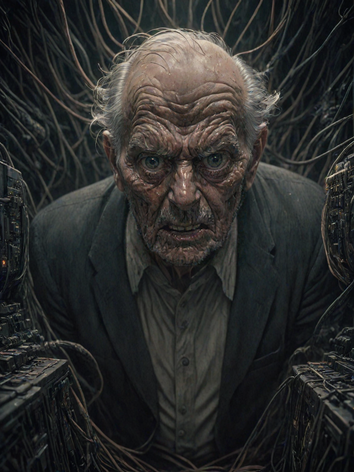 analog film photo an angry old man, looking at the viewer, in a dark room full of wires and computers. intricate, elegant, highly detailed, digital painting, artstation, concept art, sharp focus, illustration, by justin gerard and artgerm, 8 k. unreal engine. art byames gurney and laurie greasley, very coherent symmetrical artwork. cinematic, hyper realism  <lora:CyberpunkSDXL:1> Cybperunk Style, [prompt] <lora:LCM_LoRA_Weights:0.7>, dramatic lighting, faded film, desaturated, 35mm photo, grainy, vignette, vintage, Kodachrome, Lomography, stained, highly detailed, found footage
