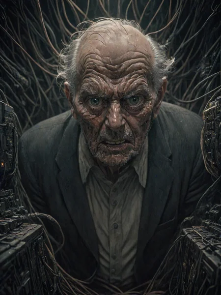 analog film photo an angry old man, looking at the viewer, in a dark room full of wires and computers. intricate, elegant, highly detailed, digital painting, artstation, concept art, sharp focus, illustration, by justin gerard and artgerm, 8 k. unreal engine. art byames gurney and laurie greasley, very coherent symmetrical artwork. cinematic, hyper realism  <lora:CyberpunkSDXL:1> Cybperunk Style, [prompt] <lora:LCM_LoRA_Weights:0.7>, dramatic lighting, faded film, desaturated, 35mm photo, grainy, vignette, vintage, Kodachrome, Lomography, stained, highly detailed, found footage