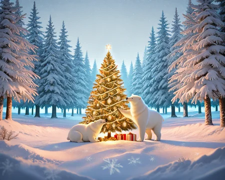 animal christmas, (masterpiece:1.2, best quality:1.2, intricate details:1.1), (amazing quality, very aesthetic), HDR, 8K, photo-referenced, high contrast, vibrant colors, absurdres, RAW, color art, detailed background
BREAK
multiple animals running joyfully around a beautifully decorated Christmas tree
BREAK
(Winter forest setting:1.2), snow-covered ground, lakes side, glowing and festive Christmas tree, soft ambient lighting, vibrant atmosphere, falling snowflakes, magical holiday theme:1.1