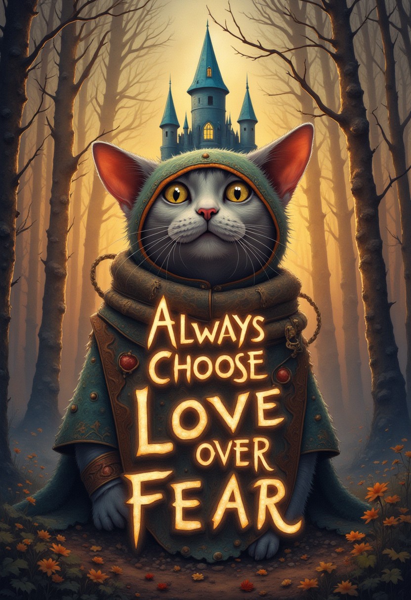 Typography stylised text "Always Choose Love over Fear" cinematic grain, analog raw photo, epic whimsical fantasy world, castle cat fairy l10nhe43t