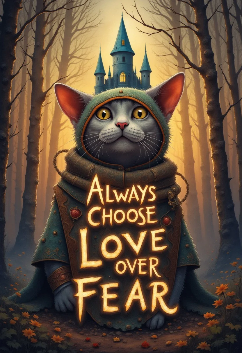 Typography stylised text "Always Choose Love over Fear" cinematic grain, analog raw photo, epic whimsical fantasy world, castle cat fairy l10nhe43t
