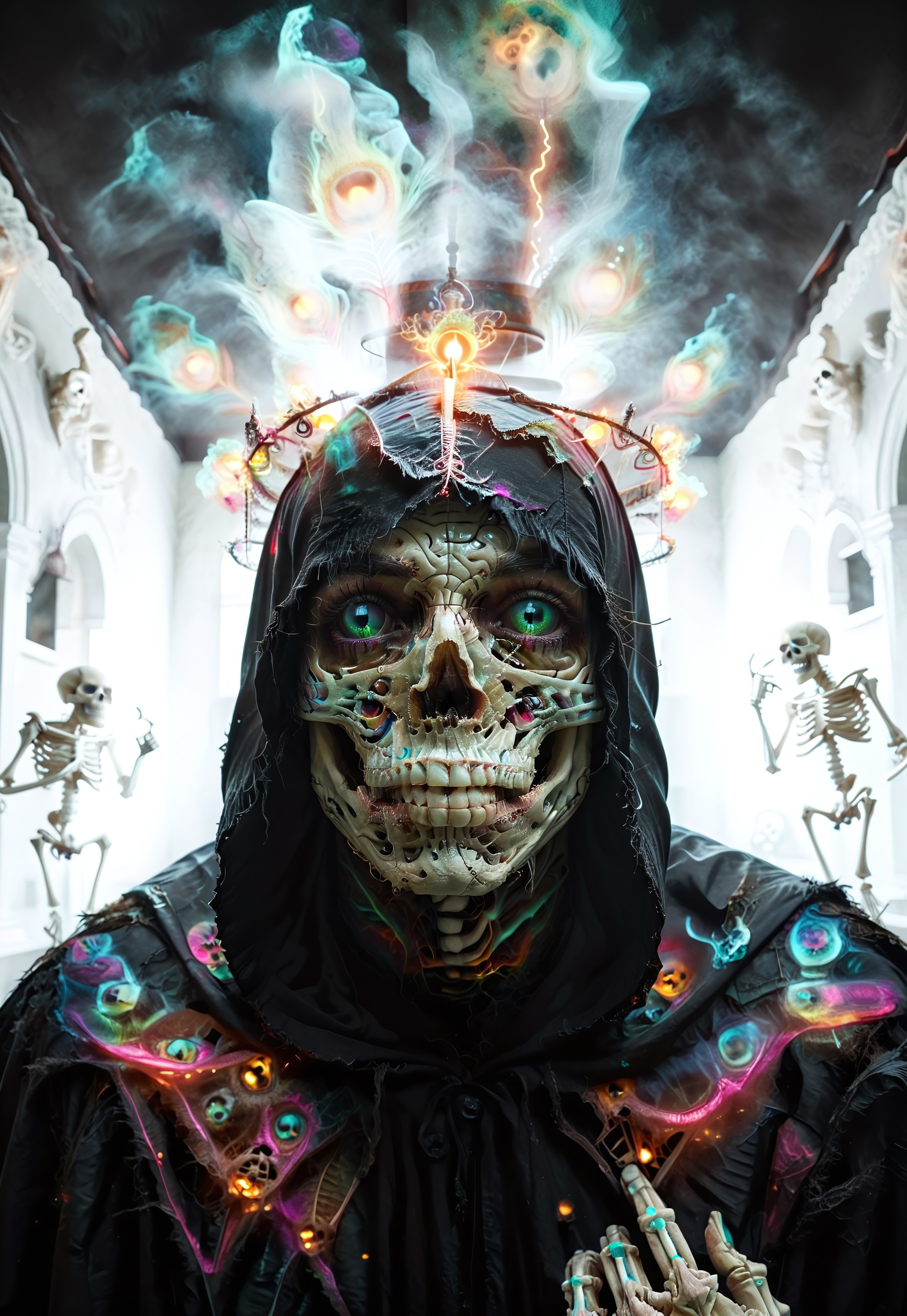 score_9, score_8_up, score_7_up, face focus, extreme perspective, closeup, creepy and mysterious (Peacock angel of death), cloak and hood made of peacock, vibrant colors, skeletal features, bony pictures giving a thumbs up, dark crypt-like background, inside, highly detailed, rich colors, inner glow, dynamic composition