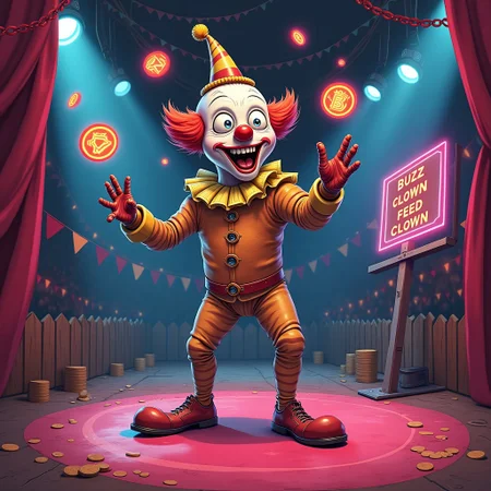 Quirky cyberpunk circus: A hilariously out-of-control robot clown juggling neon 'buzz coins' on a glitchy, futuristic carnival stage. The scene bursts with vibrant colors, exaggerated expressions, and playful details that blend vintage circus flair with modern digital absurdity. In the ground there is a sign that says "Buzz the Clown, Feed the Clown"
