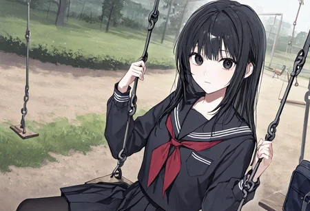 (upper body:1.6),
1girl, solo, long hair, skirt, school uniform, swing, pantyhose, black pantyhose, black hair, pleated skirt, looking at viewer, serafuku, sitting, red neckerchief, sailor collar, neckerchief, long sleeves, outdoors, bag, closed mouth, black eyes, shirt, black shirt, black skirt, black serafuku, feet out of frame