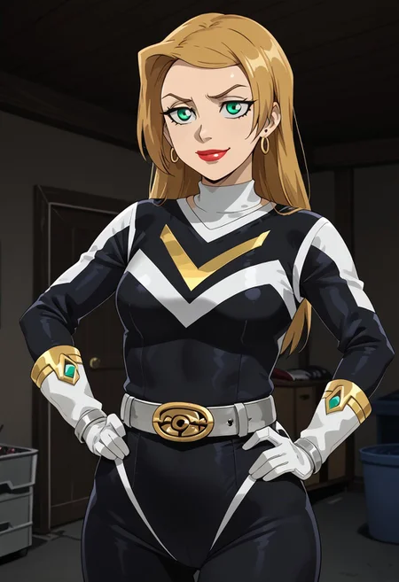 score_9, score_8_up, score_7_up, BREAK,
1girl, solo, Sarah, green eyes, blonde hair, long hair, hairclip, earrings, lipstick, muscular, medium breasts, narrow waist, wide hips, sentaisaintforce, black bodysuit, silver belt, white gloves, spandex, m-shaped chest symbol, helmet removed, no headwear,BREAK,
cowboy shot, smug, half-closed eyes, standing, hand on hip, indoors, garage, night,