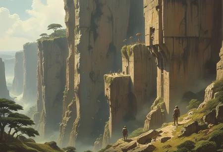 professional concept-art, fantasy scifi, wondrous view looking out a cave, that's situated halfway up a four mile high cliffside, the elevated position offering incredible depth of view, as you gaze out over the untamed jungles of the Predator's homeplanet,