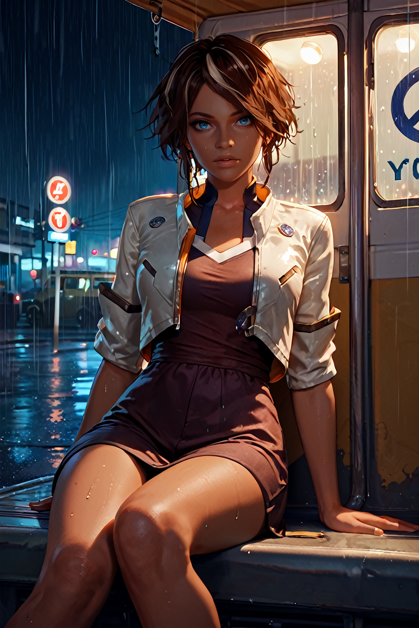 score_9, score_8_up, score_7_up, score_6_up
<lora:RMNilin:1.0>
RMNilin, 1girl, brown hair, white streaks, dark skin, blue eyes, bus stop, night, rain, sitting, leaning back, dynamic lighting, modern, vogue