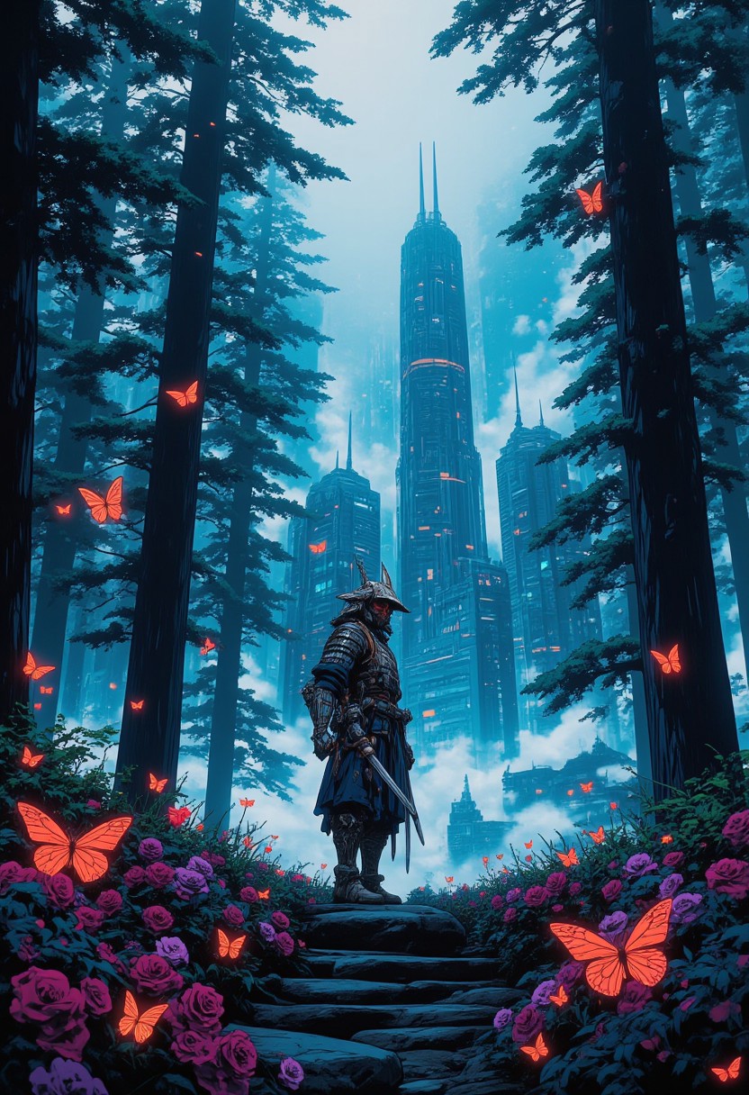 samurai in svmurai armor standing in a futuristic forest. Tall trees are surrounded by bright neon lights and digital elements that permeate the entire scene, creating a high-tech feel. In the foreground are flowers, glowing butterflies, and in the background are tall structural skyscrapers rising up into an atmosphere of fog and light