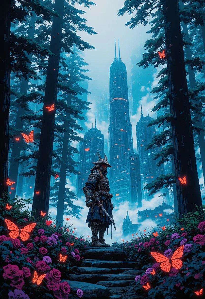 samurai in svmurai armor standing in a futuristic forest. Tall trees are surrounded by bright neon lights and digital elements that permeate the entire scene, creating a high-tech feel. In the foreground are flowers, glowing butterflies, and in the background are tall structural skyscrapers rising up into an atmosphere of fog and light