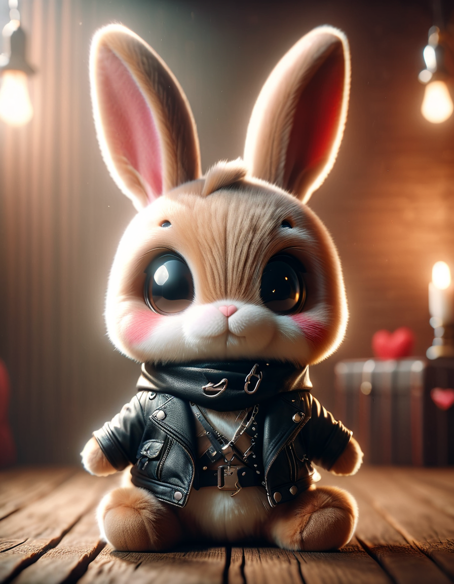 rocker bunny wearing a leather cowl, RAW photo, subject, 8k uhd, dslr, soft lighting, high quality, film grain, Fujifilm XT3, made of ral-smlvltnpls <lora:ral-smlvltnpls:1>