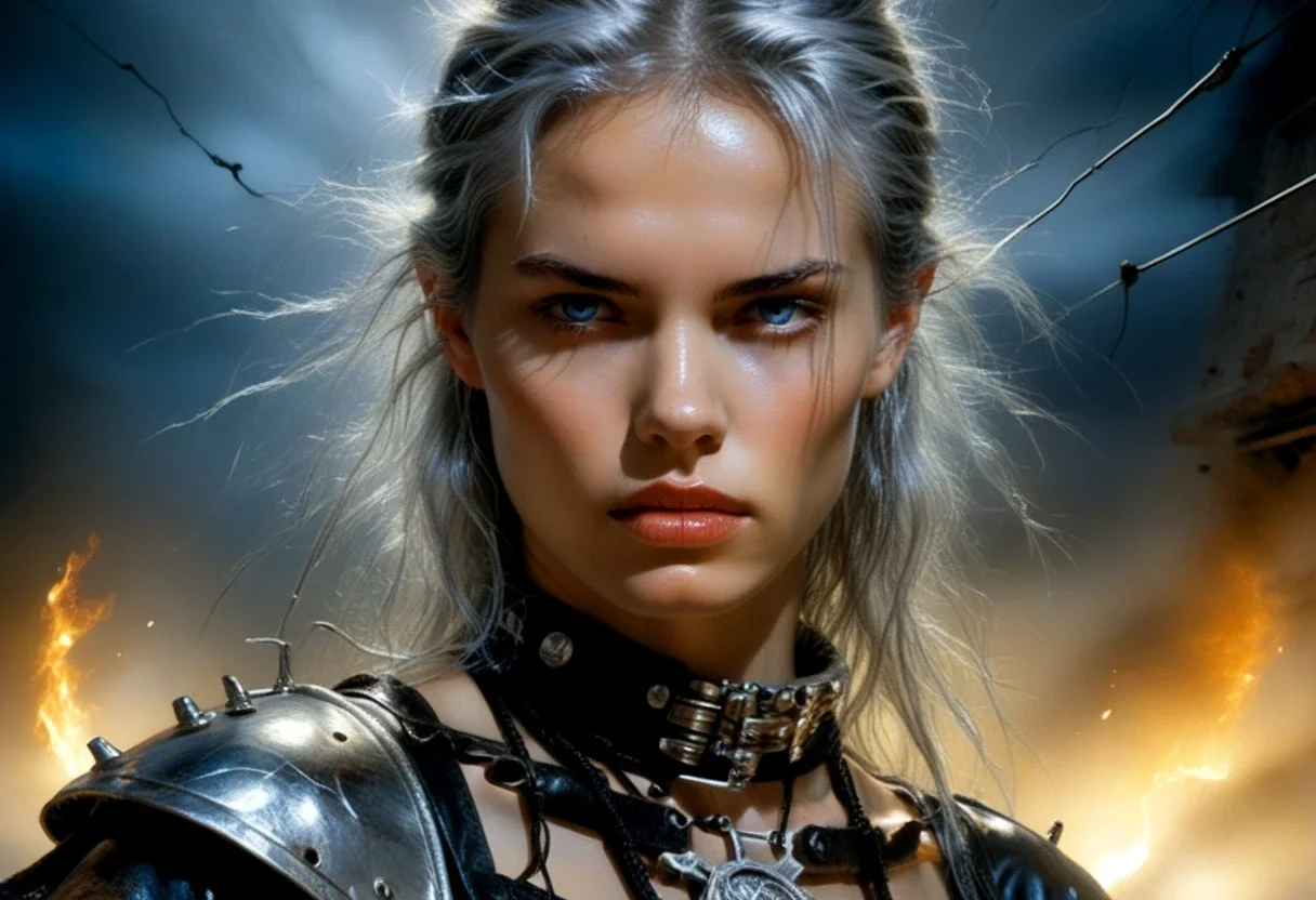 Silver-haired young woman,
piercing light blue eyes,
black leather battle gear,
wielding a silver blade,
enhancing the silver hair's texture and leather's intricate details,
talking with fellow warriors,
under dramatic lighting,
ultra realistic,
highly detailed.,
sf,
intricate artwork masterpiece,
ominous,
matte painting movie poster,
golden ratio,
trending on cgsociety,
intricate,
epic,
trending on artstation,
by artgerm,
h. r. giger and beksinski, Luis Royo
highly detailed,
vibrant,
production cinematic character render,
ultra high quality model