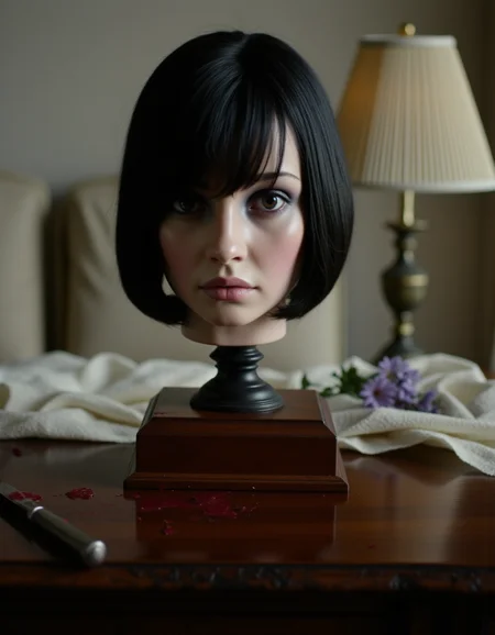 surrealistic photography. Whimsical yet Numb. A Living human head is mounted on a pedestal, atop an elegant mahogany desk. Her head belongs to an Eastern European beauty, with black hair in a bob cut. There is also a bloodstained knife present on the desk. Exquisite composition, soft lightings <lora:Dever_Flux_Enhancer:0.5> <lora:Movie_Portrait:1> <lora:Herbst_Photo_Style_v3:1> herbstphoto, herbst photo, 35mm