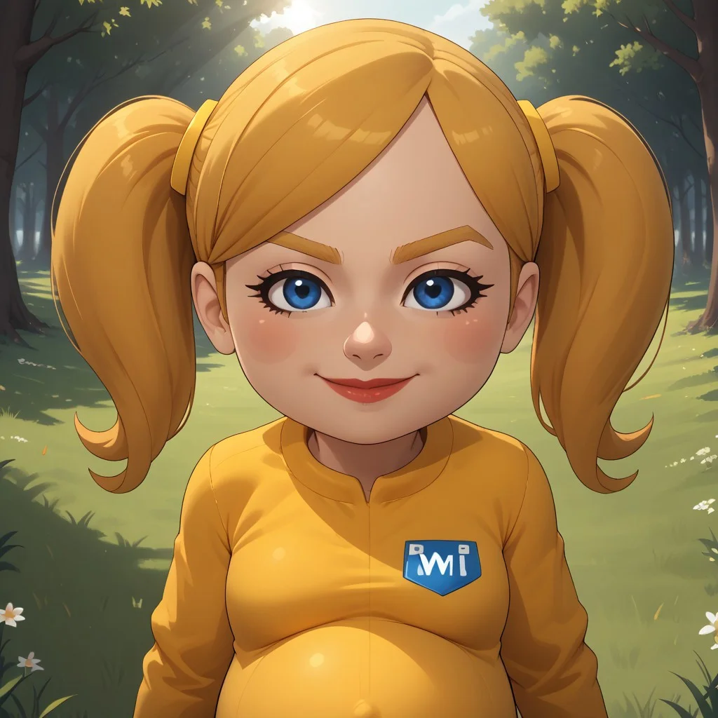 score_9, score_8, BREAK, solo, wii, mii, wii sports, 1girl, female mii, blue eyes, blush, blonde hair, blonde eyebrows, twintails, yellow clothing, white pants, sneakers, nintendo mii, modern_mii, classic_mii, pavika_\(\\oc_mii\\\), breasts, lips, (((pregnant))), adult female, mature female, sexy pose, self portrait, smile, outdoors, sunlight, shadows, evening lighting, natural lighting, forest, trees, grass, orange sky, sunset