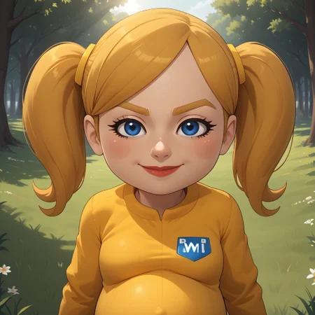 score_9, score_8, BREAK, solo, wii, mii, wii sports, 1girl, female mii, blue eyes, blush, blonde hair, blonde eyebrows, twintails, yellow clothing, white pants, sneakers, nintendo mii, modern_mii, classic_mii, pavika_\(\\oc_mii\\\), breasts, lips, (((pregnant))), adult female, mature female, sexy pose, self portrait, smile, outdoors, sunlight, shadows, evening lighting, natural lighting, forest, trees, grass, orange sky, sunset