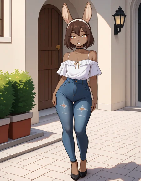 masterpiece, best quality, very aesthetic, absurdres,
outdoors, casual, 
full body, standing, posing, 
 seductive smile, parted lips, long eyelashes,
 <lora:Jessie_v01_NAIXL:1>
J3ss1e,1boy,solo,furry,furry male,male focus,otoko no ko,rabbit boy,brown hair,hairband,rabbit ears,short hair,yellow eyes,animal nose,buck teeth,choker,body fur,brown fur,rabbit tail,