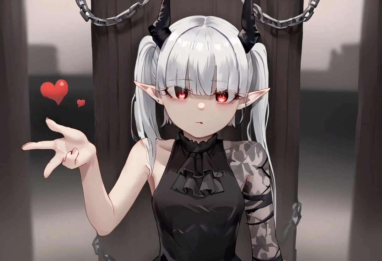 1girl, solo, blowing kiss, heart, chained_sarkaz_girl, black dress, asymmetrical clothes, patterned clothes, single sleeve, black ascot, hair over eyes, eyes visible through hair, demon horns, blunt bangs, red eyes, pointy ears, pale skin, white hair, grey hair, twintails