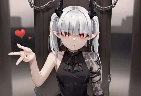1girl, solo, blowing kiss, heart, chained_sarkaz_girl, black dress, asymmetrical clothes, patterned clothes, single sleeve, black ascot, hair over eyes, eyes visible through hair, demon horns, blunt bangs, red eyes, pointy ears, pale skin, white hair, grey hair, twintails