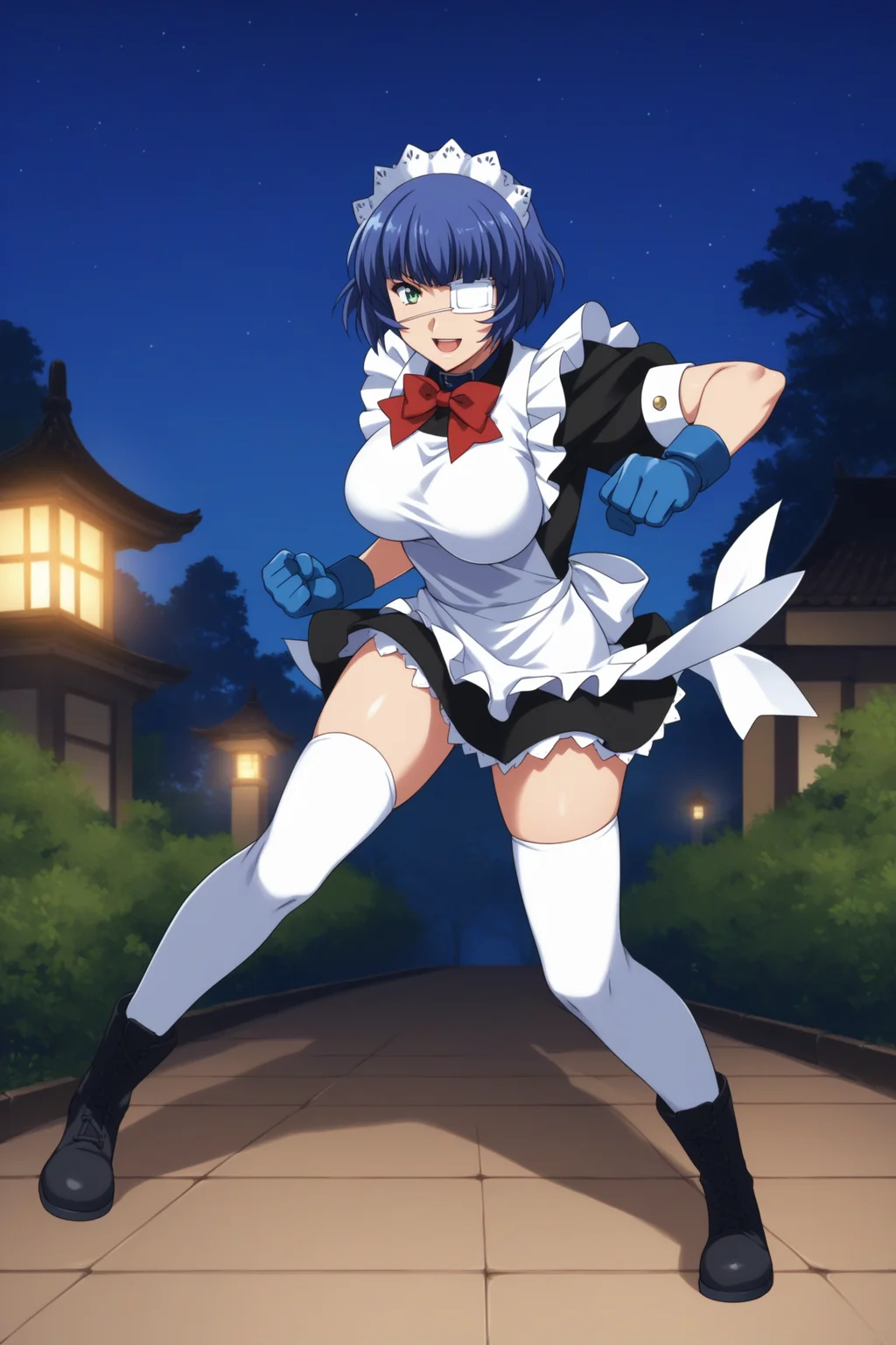 score_9, score_8_up, score_7_up, score_6_up, score_5_up, source_anime, rating_safe, medium breasts, outdoors, temple, 1girl, solo, looking at viewer, <lora:age_slider_v4:3>, (full body:1.2), (dynamic pose:1.2), ryomou shimei, blue hair, short hair, green eyes, eyepatch, ryomoumaid, maid headdress, belt collar, red bowtie, maid apron, black dress, blue gloves, white thighhighs, black boots, <lora:Shimei_Ryomou:0.8>, smile, fist, running, (night:1.3)
