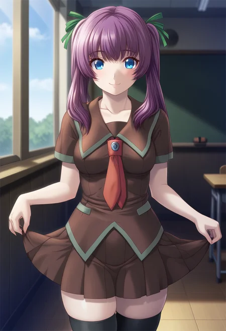 masterpiece, best quality, amazing quality, 1girl, solo, cowboy shot, sayakaww, blue eyes, purple hair, long hair, twintails, hair ribbon, medium breasts, school uniform, brown serafuku, collarbone, brown shirt, short sleeves, red necktie, brown pleated skirt, zettai ryouiki, black thighhighs, looking at viewer, smile, indoors, day, skindentation, detailed clothing folds, depth of field, sharp, high contrast, dynamic light <lora:Ichinose_Sayaka_Yuumei_Sakai_o_Koto_ni_Suru_ill:0.9>