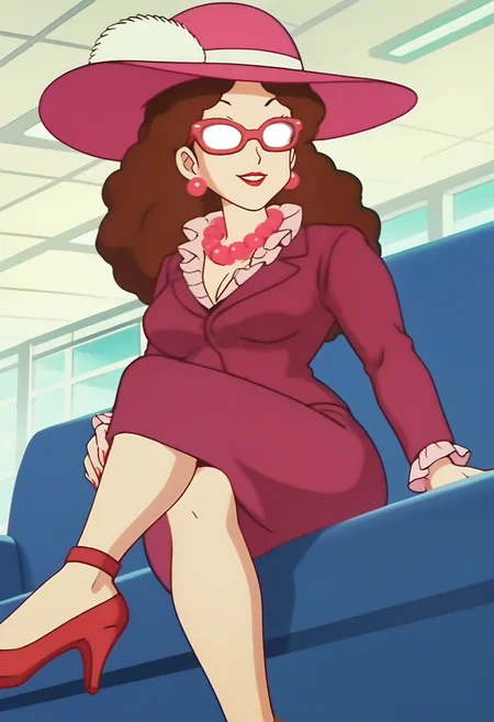 score_9, score_8_up, score_7_up, score_6_up, anime screencap, anime coloring, <lora:DBExtraGirl13:0.9>, DBExtraGirl13M, pink hat, opaque glasses, glasses, brown hair, long hair, earrings, lipstick, breasts, no eyes,
pearl necklace, purple jacket, long skirt, purple skirt,
red high heels,
smile, sitting, crossed legs, couch, hand on own knee, looking at viewer, from below, 
BREAK indoors, airport,