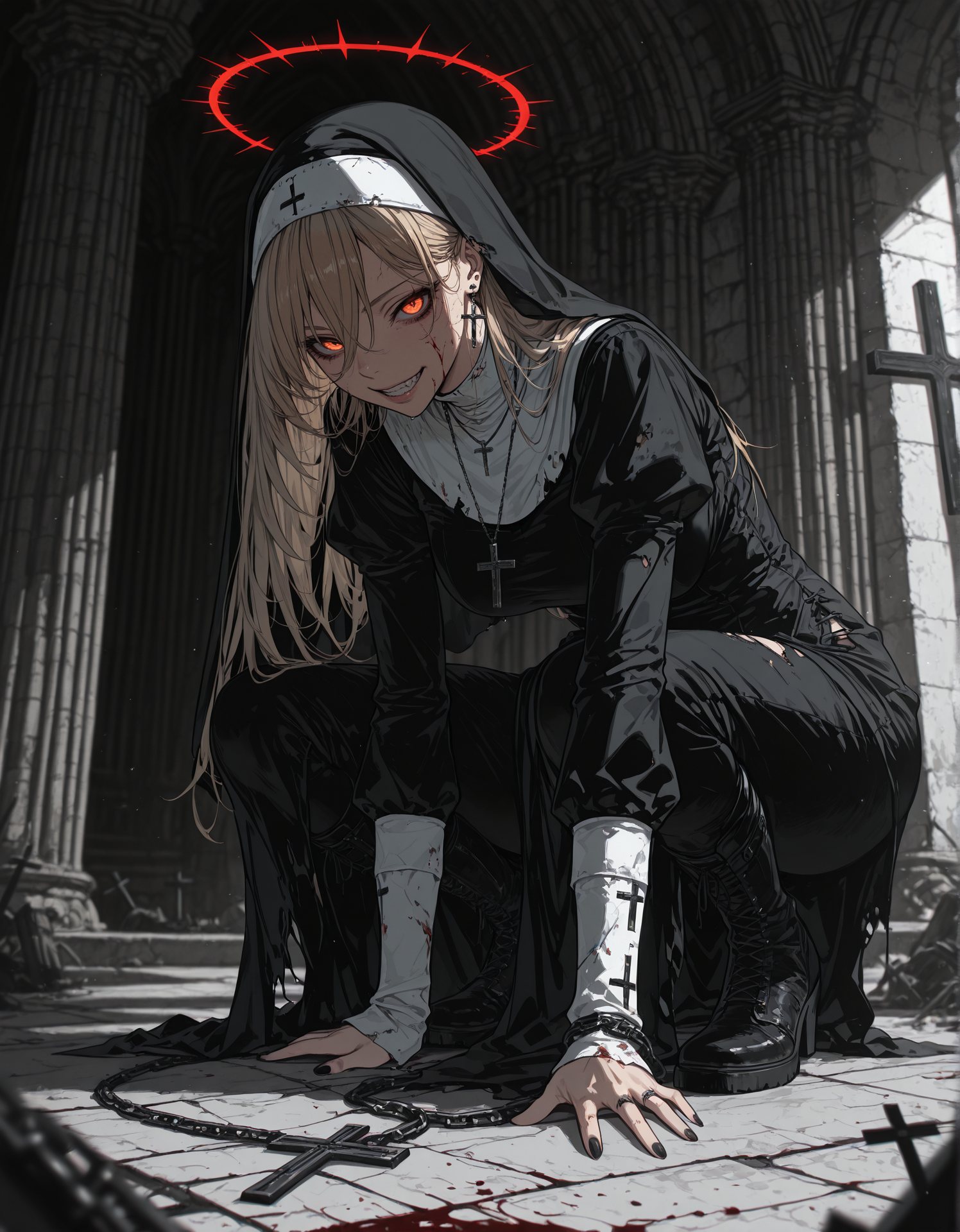 masterpiece, best quality,high quality, newest, highres,8K,HDR,absurdres, 1girl, solo, long_hair, looking_at_viewer, smile, blonde_hair, long_sleeves, red_eyes, dress, hair_between_eyes, jewelry, earrings, boots, teeth, black_footwear, necklace, water, blurry, grin, black_dress, halo, orange_eyes, torn_clothes, blood, depth_of_field, glowing, chain, squatting, light_brown_hair, cross, black_nails, glowing_eyes, nun, habit, cross_necklace, cross_earrings, torn_dress, latin_cross, torn, cracked_floor, coif
<lora:iLLMythSmo0thL1nes:1> Smo0thL1nes