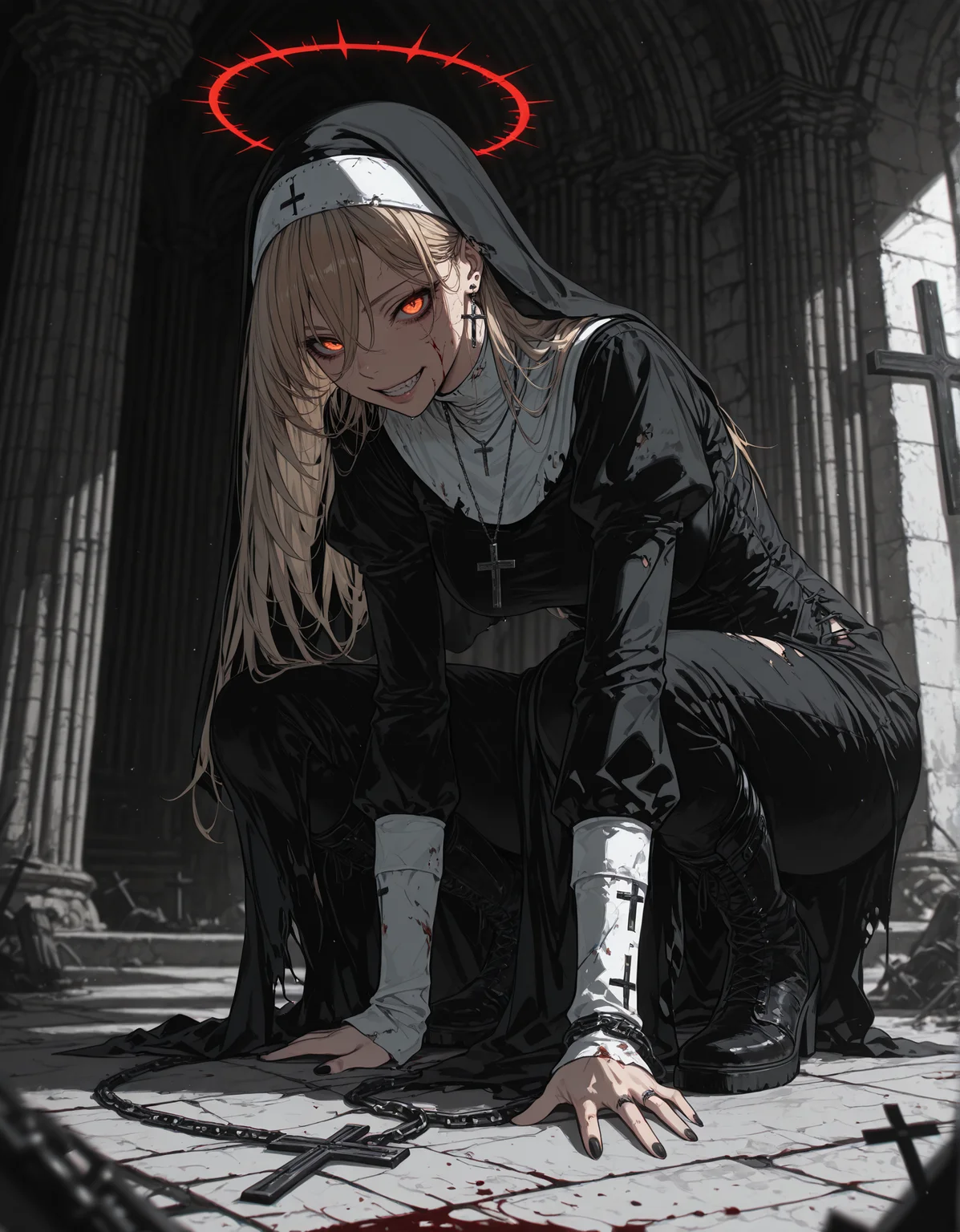 masterpiece, best quality,high quality, newest, highres,8K,HDR,absurdres, 1girl, solo, long_hair, looking_at_viewer, smile, blonde_hair, long_sleeves, red_eyes, dress, hair_between_eyes, jewelry, earrings, boots, teeth, black_footwear, necklace, water, blurry, grin, black_dress, halo, orange_eyes, torn_clothes, blood, depth_of_field, glowing, chain, squatting, light_brown_hair, cross, black_nails, glowing_eyes, nun, habit, cross_necklace, cross_earrings, torn_dress, latin_cross, torn, cracked_floor, coif
<lora:iLLMythSmo0thL1nes:1> Smo0thL1nes
