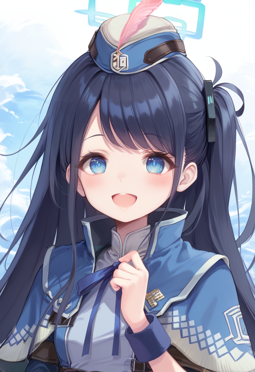 (score_9:0.9),score_8_up,score_7_up,rating_safe,(zPDXL),<lora:hub lass and Brigade Armor ponyXL v1.2:0.81>,brigade clothes,1girl,solo,open mouth,smile,blue hat,blush,:d,upper body,blue neck ribbon,blue capelet,blue clothes,<lora:aris_ver1.1_blue archive_PONY_epoch-000020:1>,aris \(blue archive\),absurdly long hair,very long hair,blue eye,black hair,