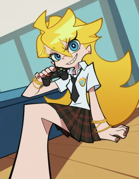 score_9, score_8_up, score_7_up, source_anime, <lora:panty-anarchy-anime-ponyxl-lora-nochekaiser:1>, panty anarchy, blonde hair, blue eyes, ahoge, long hair,, skirt, shirt, jewelry, school uniform, white shirt, pleated skirt, earrings, necktie, collared shirt, bracelet, plaid, plaid skirt, black necktie,, living room, video game, controller, competitive, fun, afternoon, smile, looking at viewer, foot on ground, hand on shoulder, elbow out, solo,, cowboy shot, dutch angle
