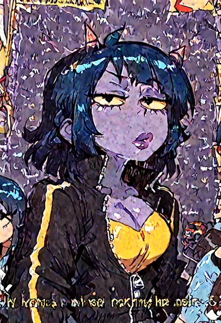 anime, photo, shiny skin, intricate details, ultra-animatic, high saturation, high contrast, RAW, <lora:add_detail:0.33>, ppfnono, ppfnono_aku, 1girl, short blue hair, demon_girl, horns, colored_skin, colored sclera, yellow sclera, black eyes, track black jacket, yellow shirt, cleavage, medium breasts, lips,