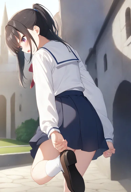 1girl,sincos, ningen mame, toosaka asagi,solo,medium breasts,school uniform,
adjusting footwear,adjusting clothes,putting on shoes,shoes,<lora:adjustingfootwear_XL_v1:0.8>
from behind, cowboy shot, looking away, black hair, pink eyes,annoyed, abbey, open mouth, hime cut hair,,
best quality, very aesthetic, absurdres