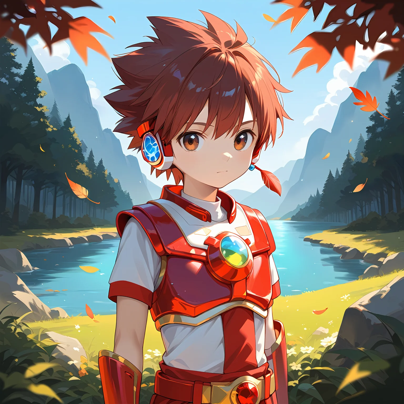 score_9,score_8_up,score_7_up,score_6_up,source_anime,masterpiece,best quality,high-detailed,Ray Tracing BREAK 1boy,male focus,best quality,amazing quality,best aesthetic,absurdres,1boy,male focus,blurry background,luoluo,earphone,red hair,brown eyes,armor,headphones,solo,brown hair,sky,outdoors,upper body,day,blue sky,gloves,closed mouth,spiked hair,belt,<lora:luoluo:0.8>,<lora:StS_age_slider_v1_initial_release:-2>,(detailed light),feather,leaves,nature,(sunlight),river,(forest),(bloom),looking at viewer,<lora:softNai3Style01-000002:0.5>,softnai3style,