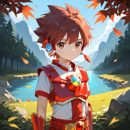 score_9,score_8_up,score_7_up,score_6_up,source_anime,masterpiece,best quality,high-detailed,Ray Tracing BREAK 1boy,male focus,best quality,amazing quality,best aesthetic,absurdres,1boy,male focus,blurry background,luoluo,earphone,red hair,brown eyes,armor,headphones,solo,brown hair,sky,outdoors,upper body,day,blue sky,gloves,closed mouth,spiked hair,belt,<lora:luoluo:0.8>,<lora:StS_age_slider_v1_initial_release:-2>,(detailed light),feather,leaves,nature,(sunlight),river,(forest),(bloom),looking at viewer,<lora:softNai3Style01-000002:0.5>,softnai3style,