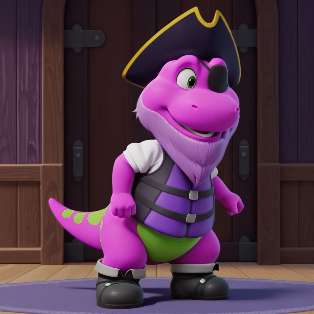 ((masterpiece, best quality, amazing quality,)) Barneybwil, semi-anthro, male, dinosaur, purple skin, green eyes, solo, inside, full body, pirate hat, purple beard, white shirt, black and purple life vest, black shoes, eye patch