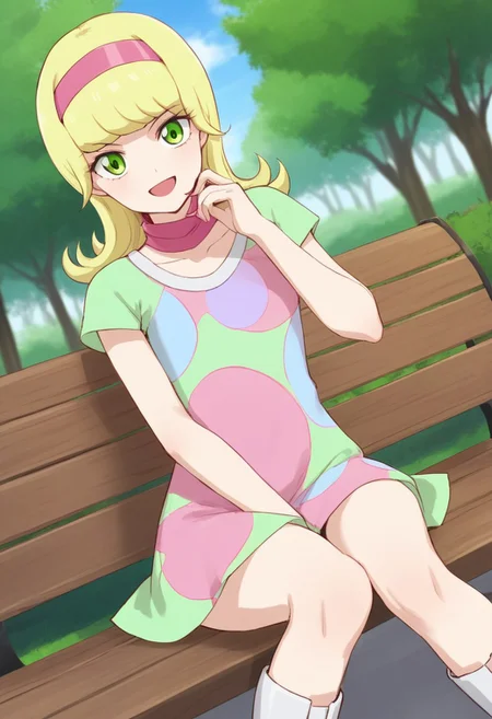 score_9, score_8, score_7_up, yuna goha, long hair, blonde hair, swirly bangs, green eyes, pink headband, happy face, pink headband, green dress, polka dot-patterned dress, pink scarf, white boots, outdoors, park, sitting on bench, cross-legged, looking at viewer, dutch angle, cowboy shot,