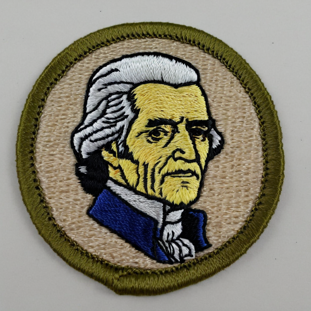 embroidered patch of Thomas Jefferson , in meritbadge style, simple background, extremely detailed <lora:meritbadge_StyleXLv7.0:1>