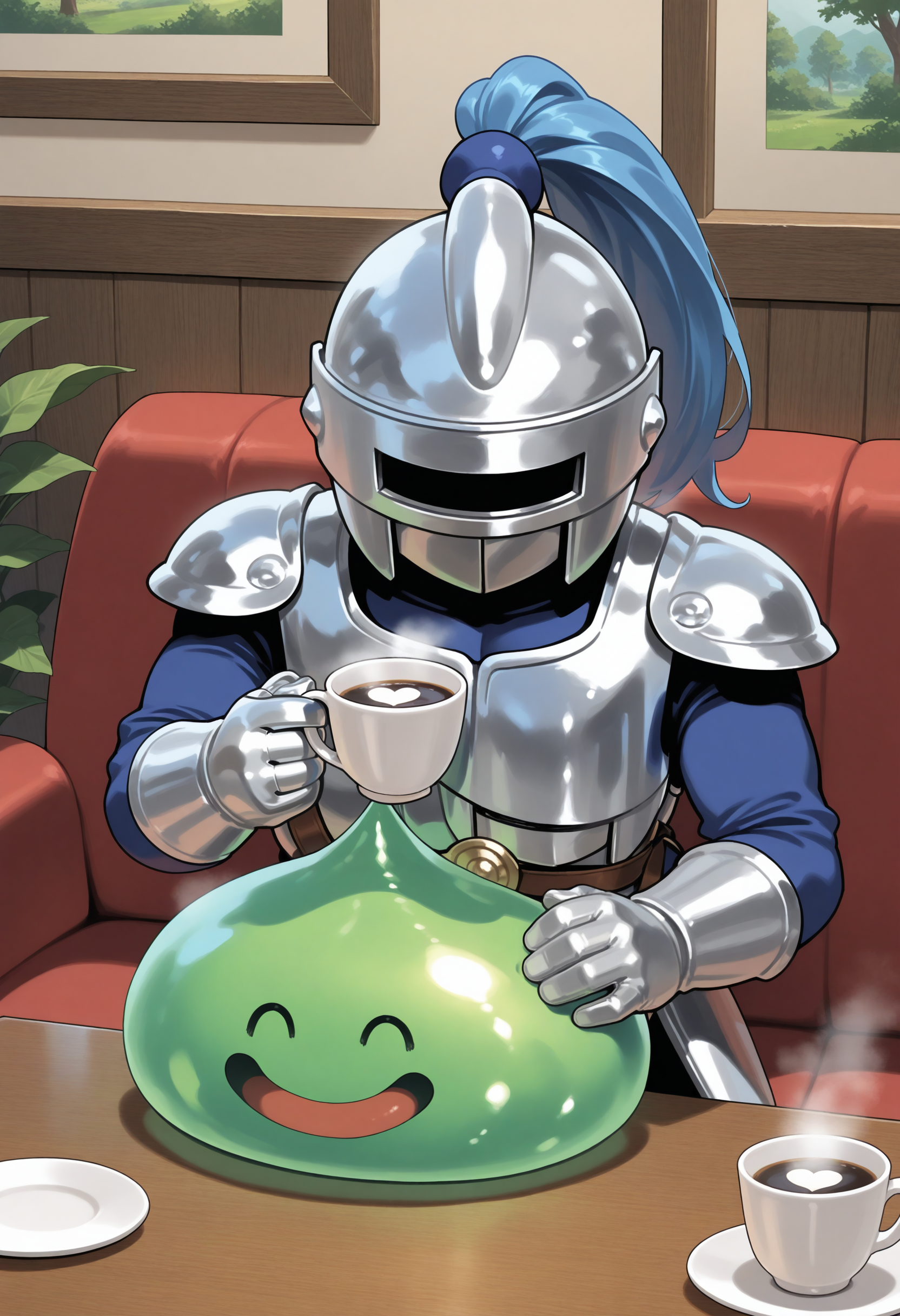 masterpiece,best quality,indoor,living room,table BREAK slime knight,slime_(dragon_quest),armor,helmet,knight,green skin,<lora:slime knight-NAIvPred:0.9>,holding cup,coffee,closed eyes,smile,