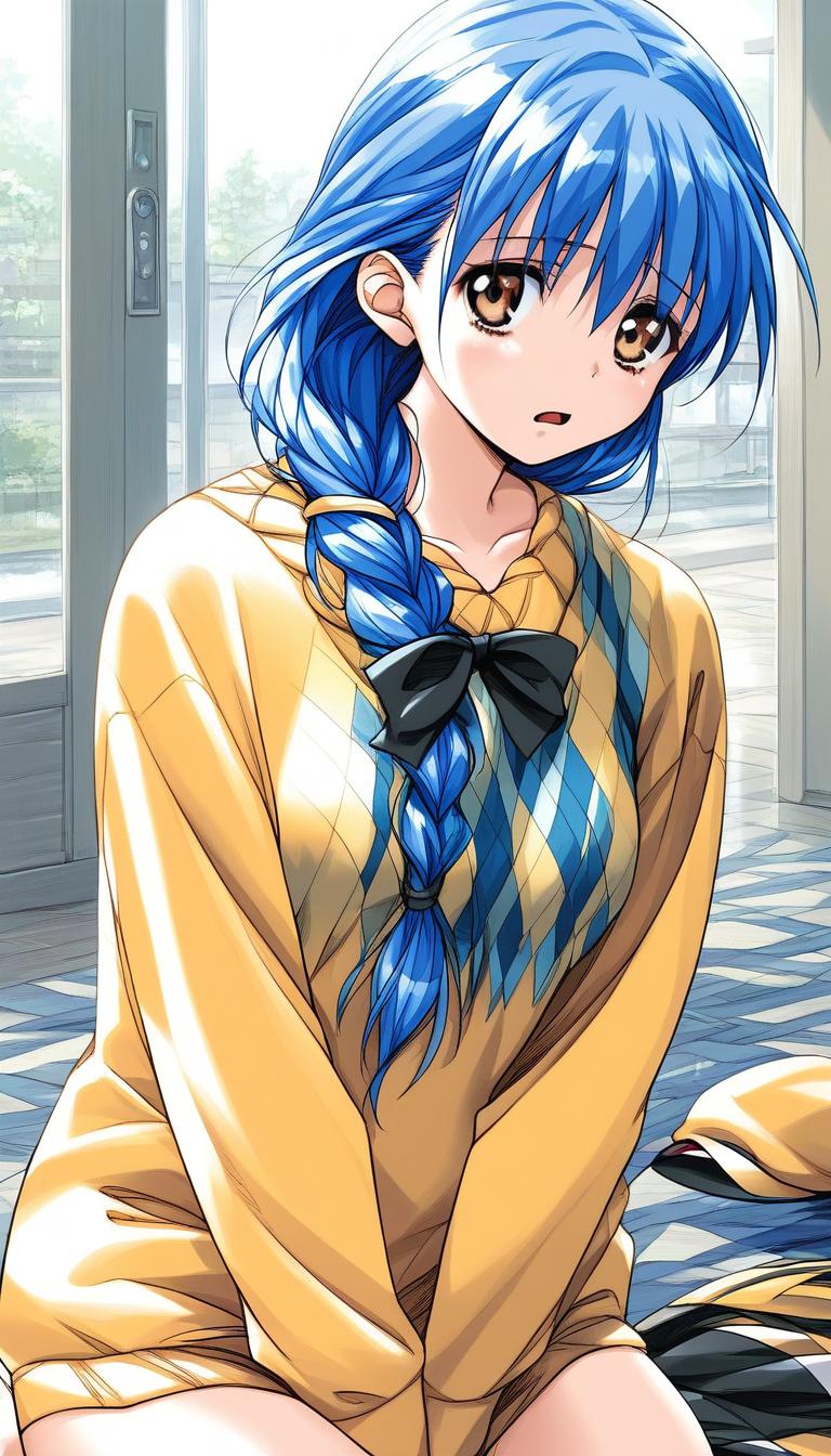 score_9, score_8_up, score_7_up, source_anime, rating_explicit, BREAK  <lora:Yasuda_Azumi_XL:1> Yasuda_Azumi, blue hair, long hair,  bangs, brown eyes, medium breasts,  braided ponytail,ãlow ponytail
headwear removed,  sad, v arms, open mouth,
Yellow sweater, long sleeves, shirt, argyle, black bow, 
home in the room, flooring, 
looking at viewer,