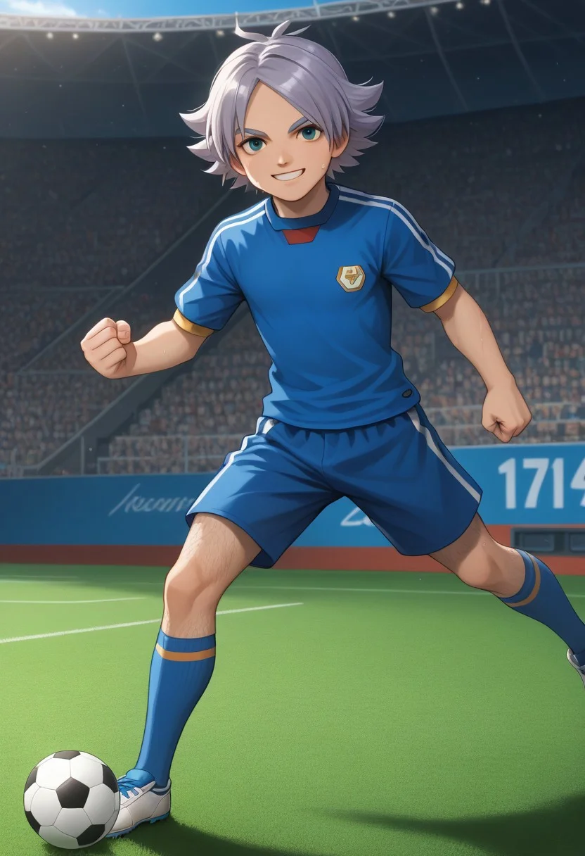 score_9, score_8_up, source_anime, highly detailed, 1boy, solo, male_focus
,fubuki, solo, 1boy, male focus,,grey hair,young,smile, looking at viewer,sweaty,,blue soccer uniform,soccer field,,long socks,blue socks,(leg hair),(hairy legs),(kicking soccer ball),soccer game,dynamic pose