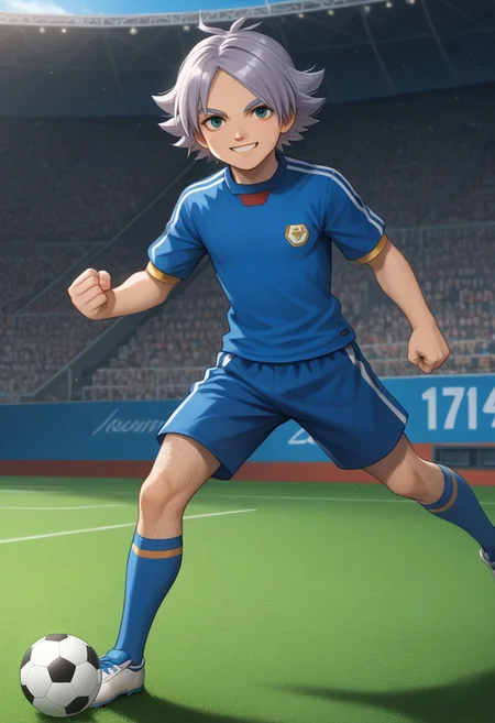 score_9, score_8_up, source_anime, highly detailed, 1boy, solo, male_focus
,fubuki, solo, 1boy, male focus,,grey hair,young,smile, looking at viewer,sweaty,,blue soccer uniform,soccer field,,long socks,blue socks,(leg hair),(hairy legs),(kicking soccer ball),soccer game,dynamic pose