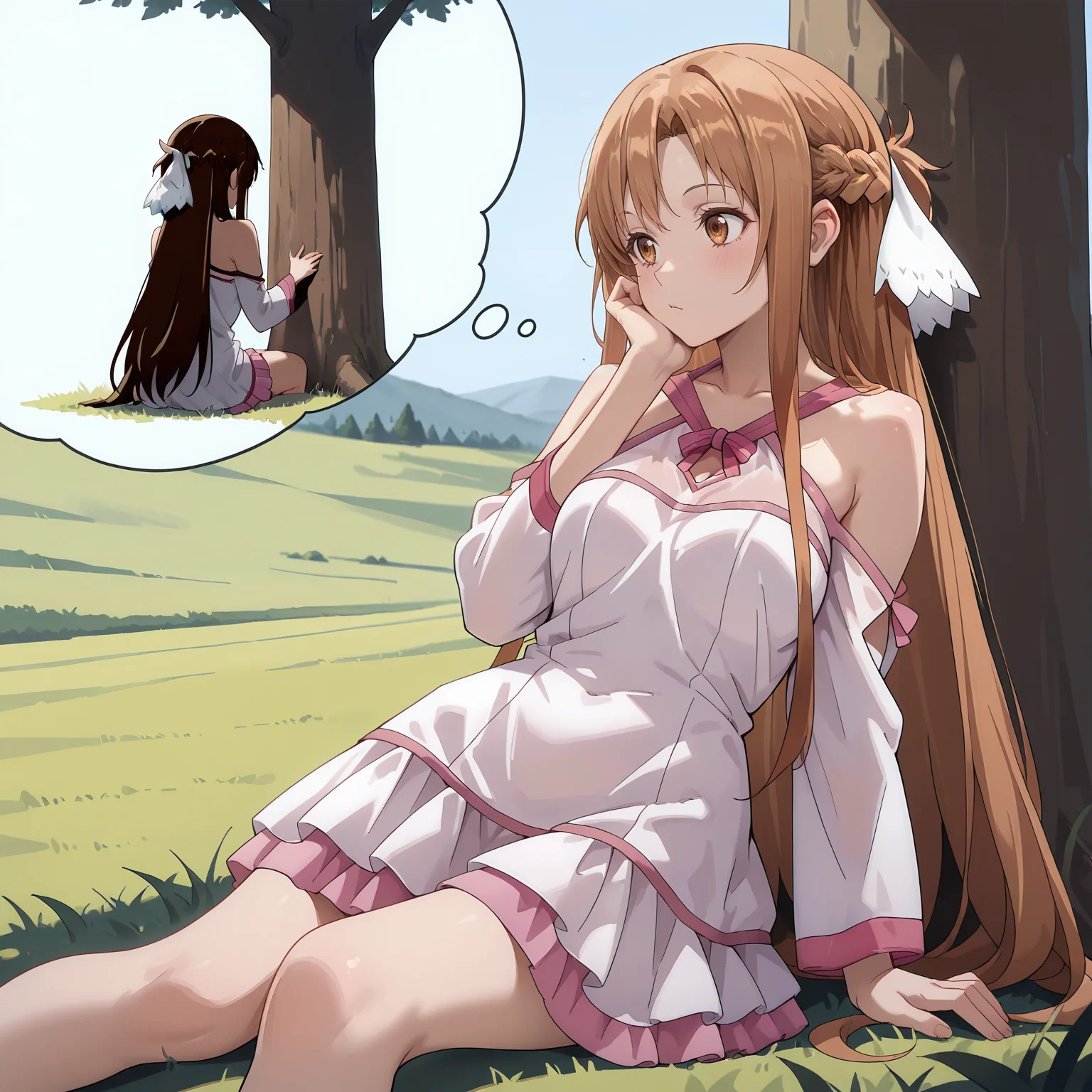masterpiece,best quality,amazing quality, 1girl, aged up, <lora:IL_Asuna_Stacia_nightgown:0.8> astnig, asuna \(sao\), long hair, brown hair, brown eyes, white hair ribbon, halterneck, ribbon trim, off shoulder, long sleeves, white nightgown, two-tone dress, pink trim, layered skirt, sitting, on grass, (leaning against tree:1.2), thinking, head rest, imagining,